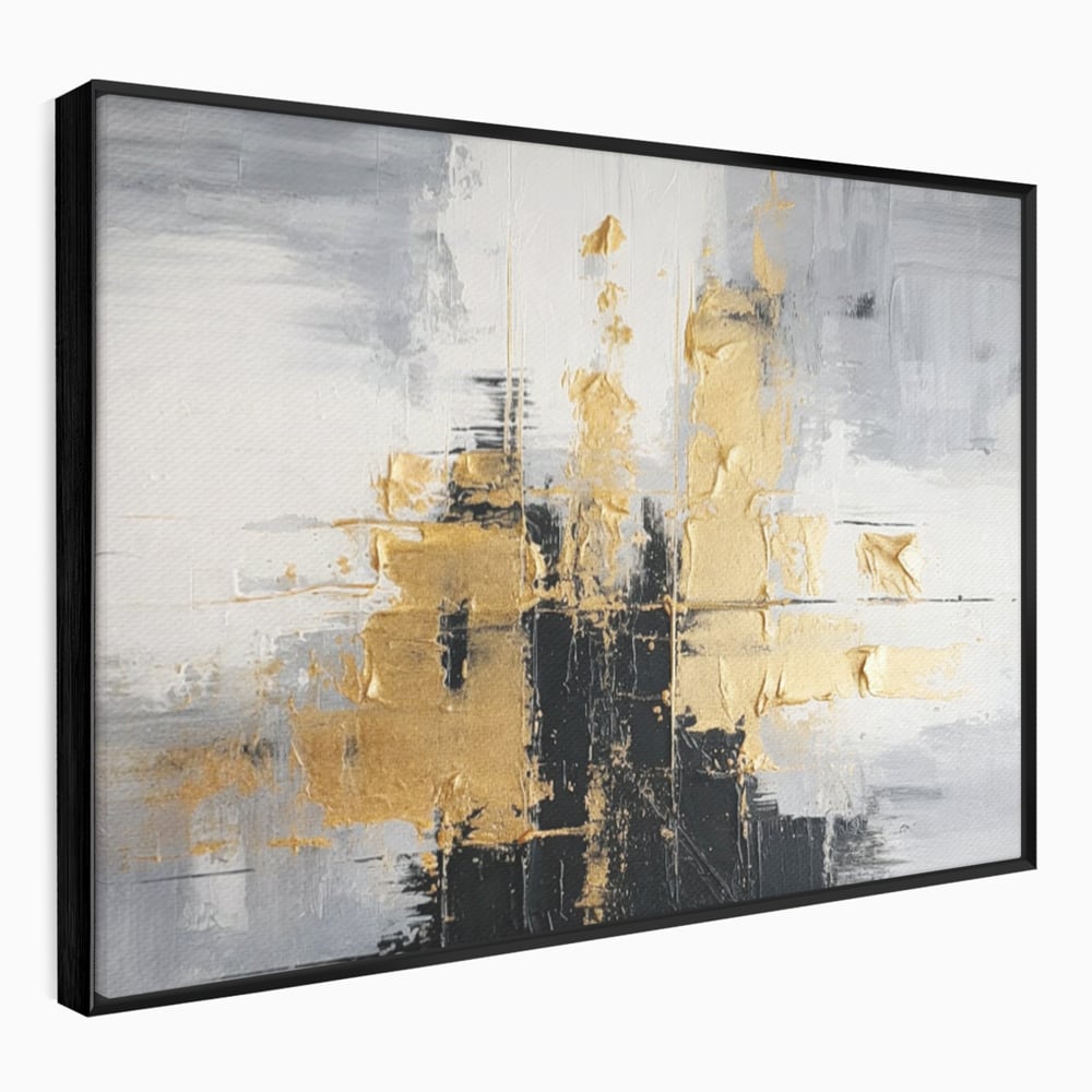 Tablou canvas cu pictura abstracta cu auriu si negru, in rama de aluminiu negru